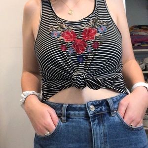 Striped Tank Top w/ Floral Embroidery